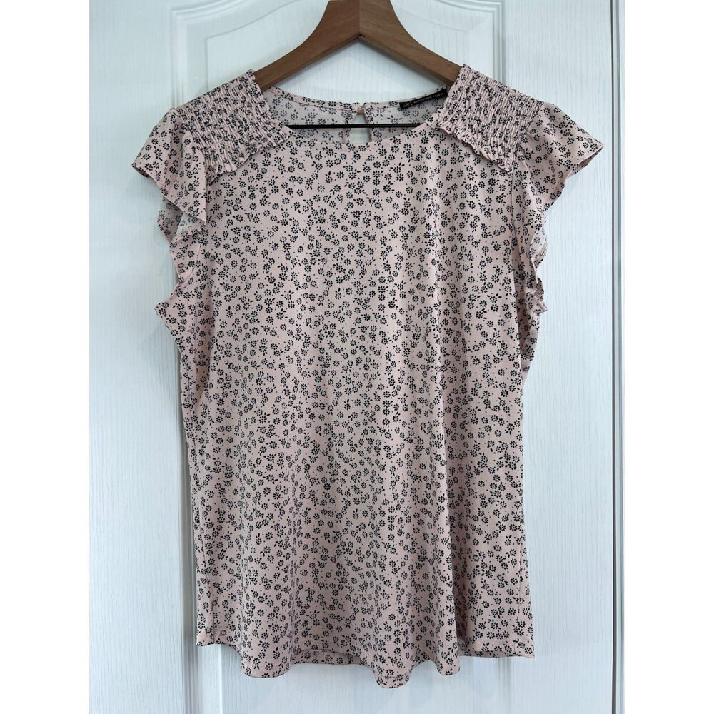 Adrianna Papell Women's Printed Ruffle Cap Sleeve Top Pink Black Floral Size L